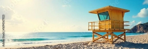 Obraz Elevated lifeguard tower overlooking a sunny beach and calm ocean, providing a panoramic view of the coastline Perfect for safety, summer, and coastal themes , coast, elevation