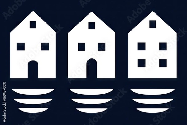 Fototapeta Three simple, stylized houses on a dark background.