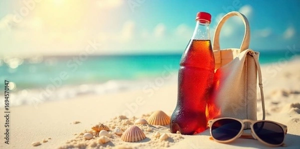 Obraz Ice-cold soda bottle in a beach bag, sunglasses, and seashells on a sun-drenched beach Perfect for summer refreshment and vacation vibes , towel, light