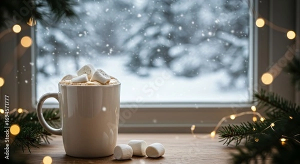 Fototapeta White mug of hot cocoa with marshmallows and whipped cream on a wooden table. Cozy winter scene for Christmas holiday.