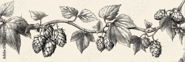 Fototapeta Hops Border. Vintage Hand Drawn Sketch of Hop Border Design Element for Beer Packing Label