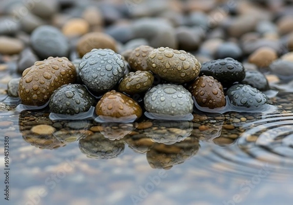 Fototapeta Water-Kissed Pebbles Serene Reflection: Close-Up of Stones with Raindrops in Tranquil Puddle Scenery