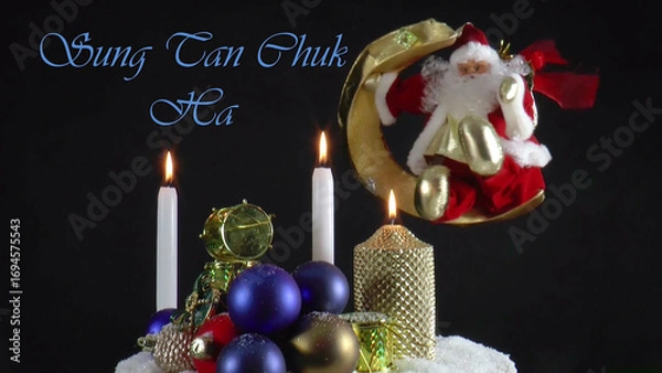 Obraz Warm Wishes for Christmas Joy 
A festive card with candles, baubles, and Santa Claus in the language Korean 
