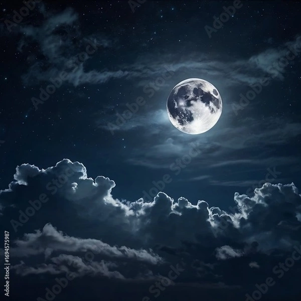 Fototapeta Mystical night scene featuring a glowing full moon surrounded by drifting clouds, casting soft silver light across a deep blue sky.