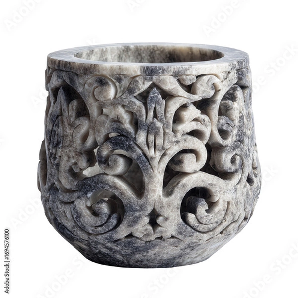 Fototapeta Ornate carved stone container vessel ancient artifact marble decoration isolated on transparent background