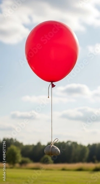 Fototapeta Whimsical juxtaposition of a bright balloon and anchoring earth stone