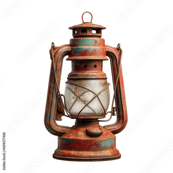 Fototapeta Antique red lantern vintage oil lamp rusty metal light source object still life isolated on transparent background