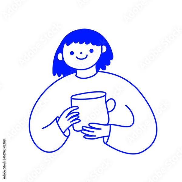 Fototapeta Vector logo design template and graphic element for advertising, branding, posters and banners, funny cartoon  illustration with smiling girl character and mascot with coffee