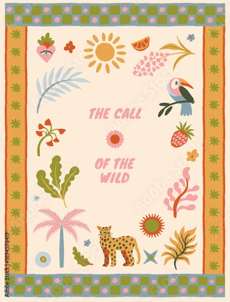 Fototapeta Vector whimsical tropical art clipart with tropical animals and birds, with decorative frames and borders, abstract nursery prints and posters with hand-drawn illustrative simple graphics