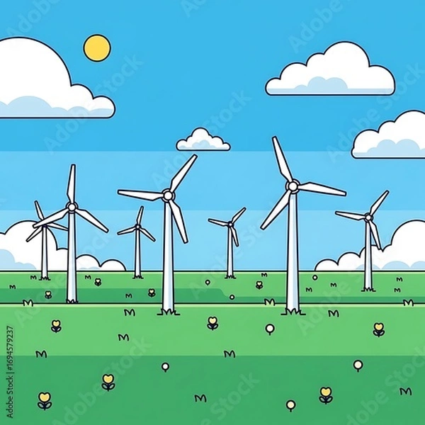 Fototapeta Wind turbine landscape with serene meadow and cloudscape harnessing sustainable power generation