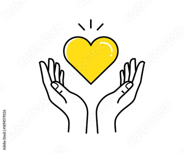 Fototapeta Simple vector illustration of two hands holding up a bright yellow heart symbol representing love, care, compassion, kindness, and support in a minimal graphic style