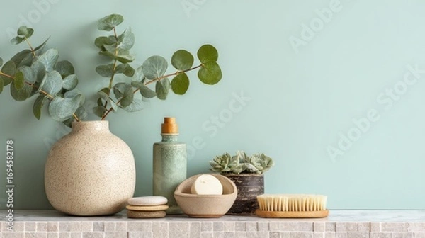 Fototapeta Modern bathroom scene with beige ceramic tiles, a vase of eucalyptus on a marble counter, and spa essentials, facial mask and skin brush, against a mint green pastel backdrop with ample copy space.