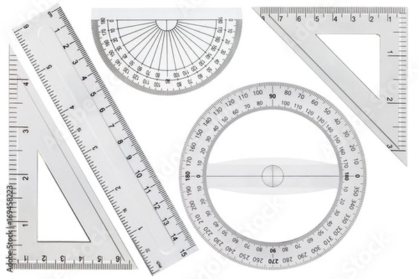 Fototapeta Set of drawing tools, ruler, protractor triangle, isolated on white background