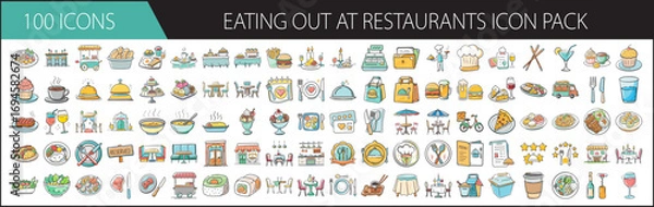 Fototapeta Hand-Drawn Eating Out at Restaurants Icon Pack - Set of 100 hand-drawn restaurant and dining icons featuring meals, drinks, chefs, menus, waiters, utensils, desserts, and takeout. Great for café brand