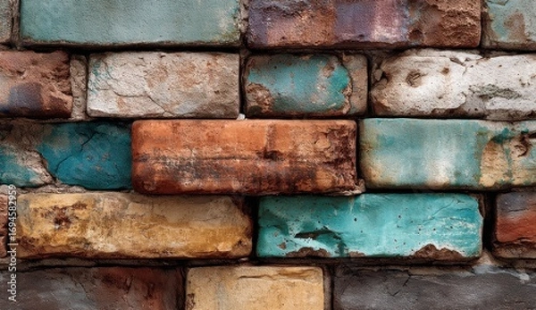 Fototapeta Close-up of aged multicolored bricks