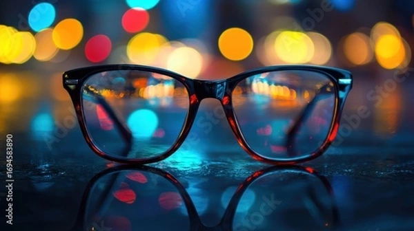 Fototapeta A pair of glasses with a cityscape background at night.