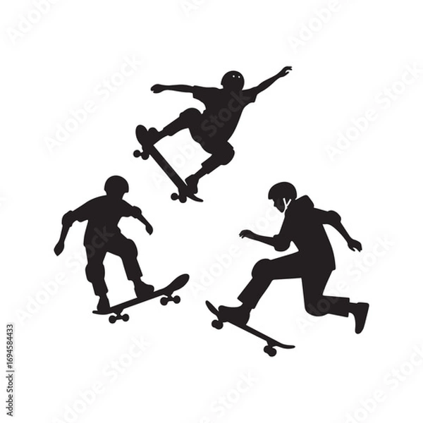 Fototapeta A set of vector silhouettes of various skateboarders performing tricks. 