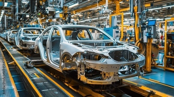 Fototapeta Automobiles on a production line in a factory.