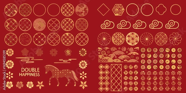 Fototapeta Collection of traditional chinese decorative elements and symbols in gold and red