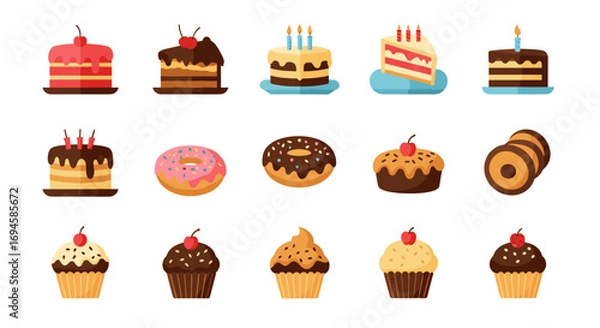 Fototapeta Colorful selection of delicious cakes and pastries in flat style