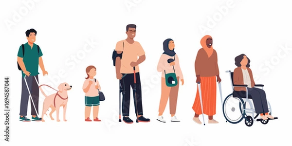 Fototapeta Diverse group of people with disabilities and a guide dog standing together in a line