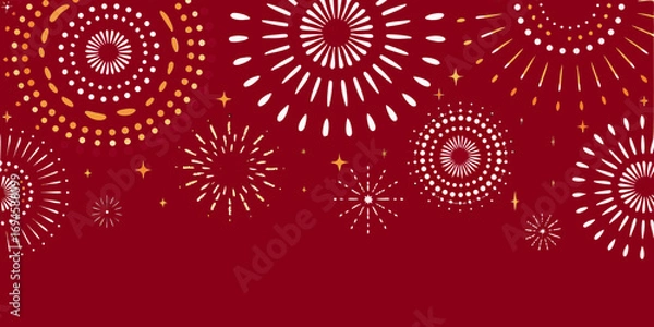 Fototapeta Festive celebration background with colorful fireworks and sparkling stars on deep red