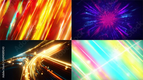 Fototapeta Four Dynamic light trails, starburst, and diagonal glow collage for motion design, modern Background Abstract Image Image 4K UHD