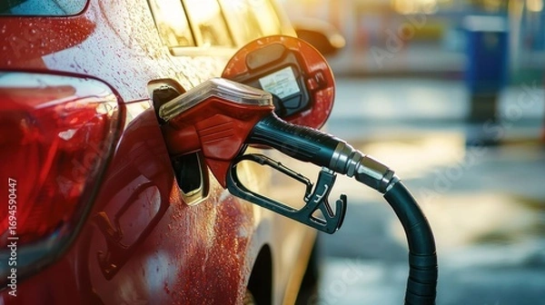 Fototapeta A red car with a fuel nozzle attached to it, filling up with fuel.