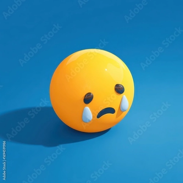 Fototapeta Isometric Sad. Crying Emoji in 3D Icon with Tear Drops - Emotional Illustration