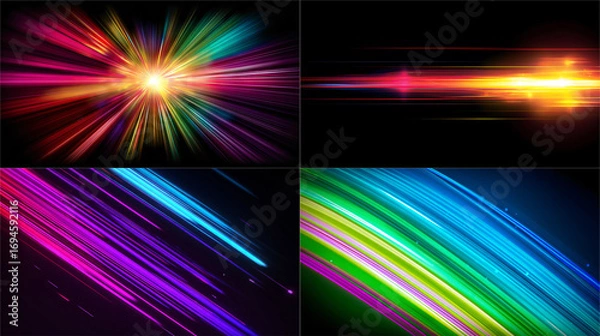Fototapeta Four Diagonal neon beams and crisp lens flare streaks for futuristic interfaces, sleek Background Abstract Image Image 4K UHD