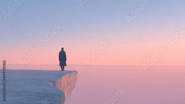 Fototapeta photorealistic ultraminimalist scene with silhouette of person standing at edge of cliff during soft sunset