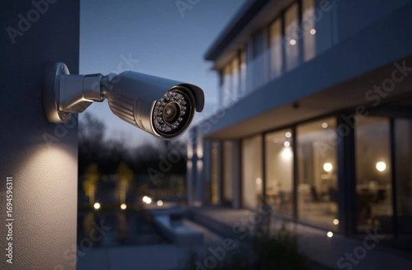 Fototapeta Security camera at night on modern home