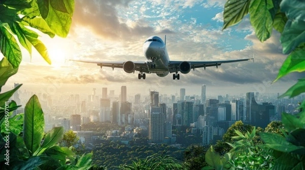 Fototapeta A passenger airplane flying over a cityscape with green leaves in the foreground.