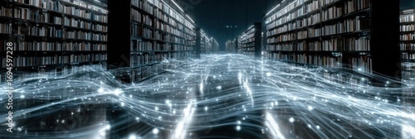 Fototapeta Abstract library interior with flowing light patterns