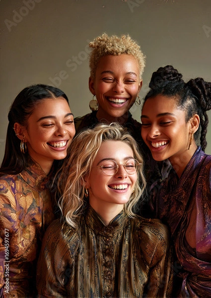 Fototapeta Four women radiate happiness while engaging in vibrant conversation, showcasing their unique styles and laughter in a warm, inviting indoor space.