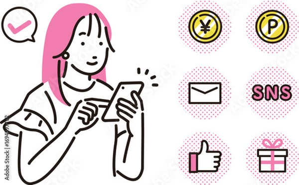 Obraz スマホを操作する若い女性とアイコンセット