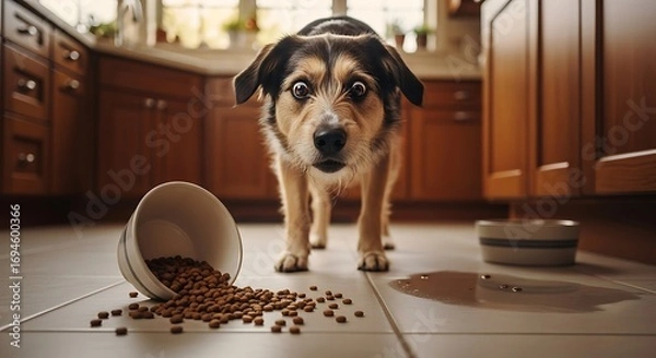 Fototapeta A dog with a guilty expression stands over a spilled bowl of kibble and water on a kitchen floor.