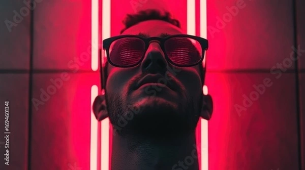 Fototapeta A man with glasses standing in front of a red and pink neon light.