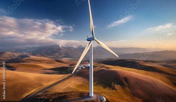 Fototapeta Scenic view of a wind turbine generating clean energy amidst rolling hills and a vast landscape, symbolizing sustainability and eco-friendliness