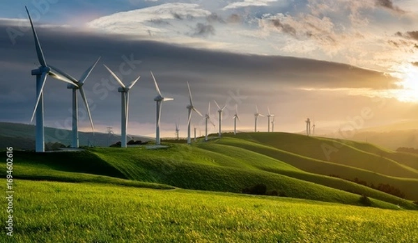 Fototapeta Scenic Wind Farm Renewable Energy in Rolling Hills at Sunset, Green Energy Source with Towering Wind Turbines