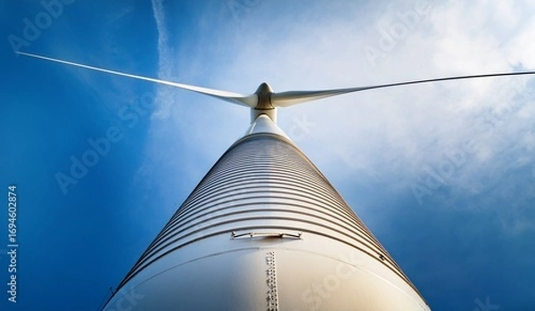 Fototapeta Low angle view of a modern wind turbine against a bright blue sky, showcasing its immense scale and clean energy generation capabilities