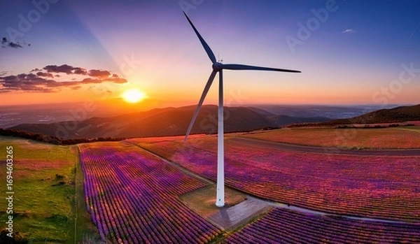 Fototapeta Beautiful sunset over a lavender field with a wind turbine generating clean energy in the distance, showcasing renewable power and picturesque landscapes