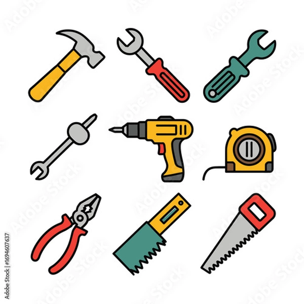 Obraz A collection of colorful vector icons depicting various hand and power tools for construction, repair, and DIY projects.
