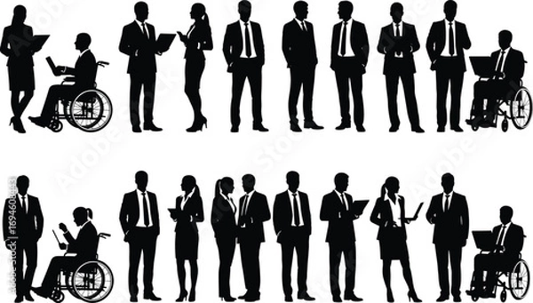 Fototapeta Silhouettes of diverse business people and professionals including individuals with disabilities, showcasing teamwork, inclusion, collaboration, leadership, and corporate success in office settings.