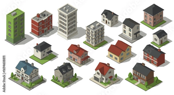 Fototapeta Isometric buildings collection: urban and suburban architecture designs