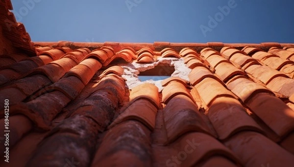 Obraz Roof tiles with a hole.  Low angle view