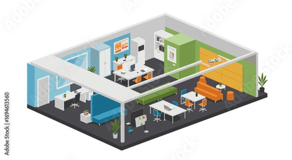 Fototapeta Modern office space in isometric design with open workstations and vibrant colors