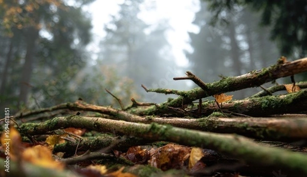 Obraz Fallen branches and autumn leaves in a misty forest