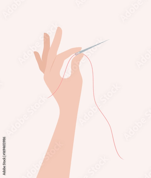 Obraz Hand holding needle with red thread, flat vector illustration