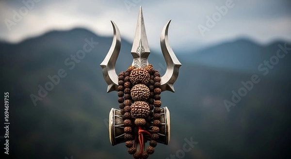 Fototapeta Close-up of a Trishul with Rudraksha beads against a mountain backdrop.
